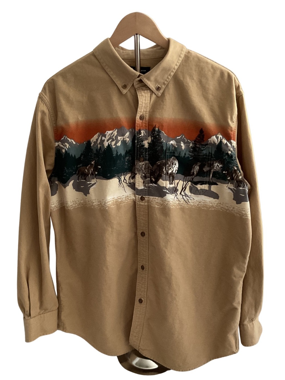 Tan Button-Down Shirt Mountain Wolves Wildlife Print Men's XL Western Gorpcore